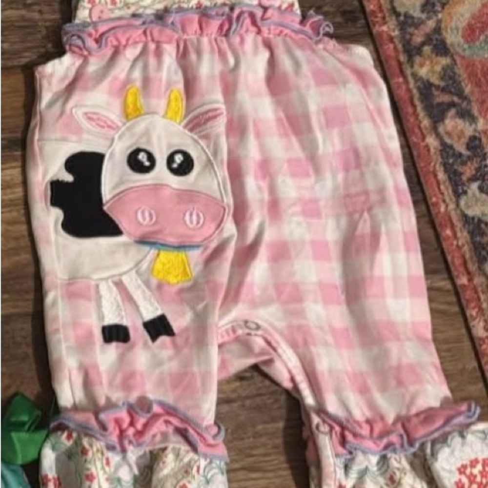 Pink Checkered Kids One Piece with Cow Design